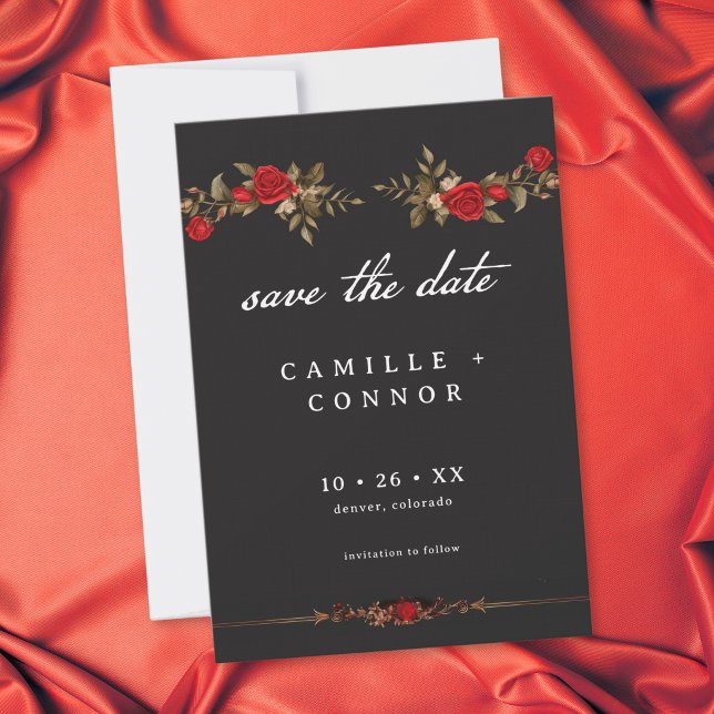 Save The Date Rose Rouge Gothique Jusqu'à la Mort Mariage (Gothic Red Rose Until Death Wedding Save The Date)