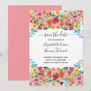 Save The Date Rose Rouge Jaune Floral Élégant Mariage Aquarelle