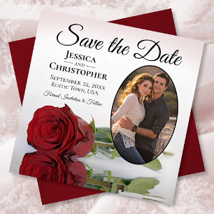 Save The Date Rose Rouge Romantique avec Photo Ovale Mariage