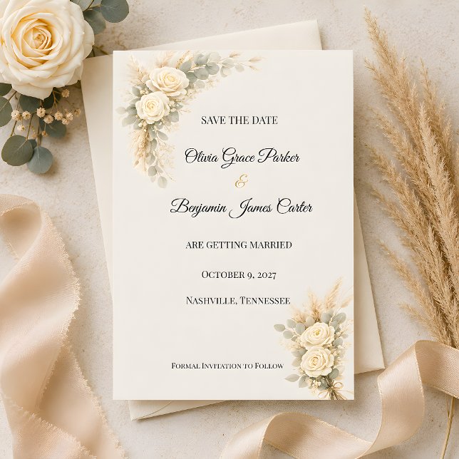 Save The Date Rose Rustique de Luxe avec Herbe de Pampa   (Part of the luxury rustic wedding themed collection, save the date card)
