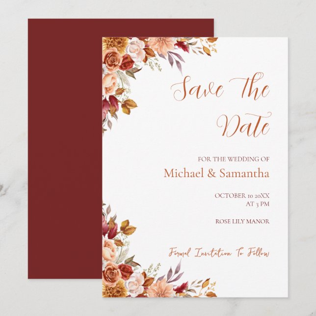 Save The Date Rose rustique et chrysanthème pour un mariage d'au (Devant / Derrière)