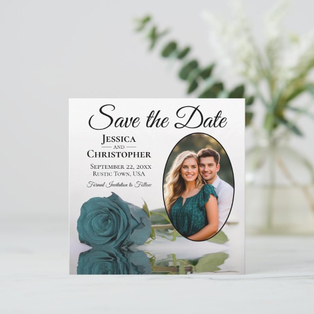Save The Date Rose sarcelle élégante sur fond blanc avec cadre p (Debout devant)