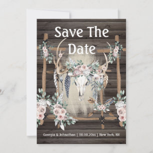 Save The Date Rose saumon vert bohème bois tribal plume andouill