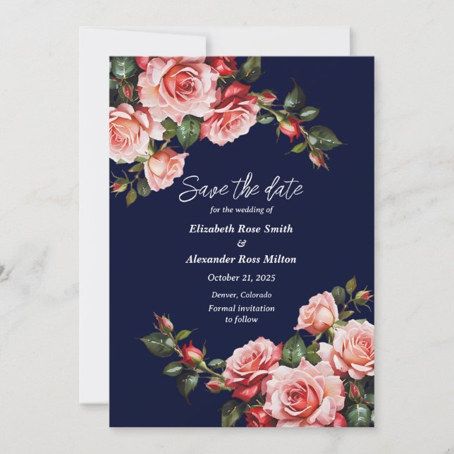 Save The Date Rose sombre et rouge roses bleu marine mariage (Devant)