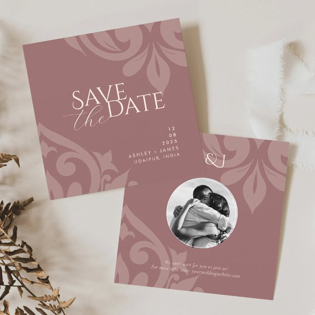 Save The Date Rose Taupe Damask Elegant Classic Photo Mariage (Créateur téléchargé)