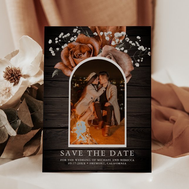 Save The Date Rose Terracotta Brûlée Bois Rustique Mariage (Créateur téléchargé)
