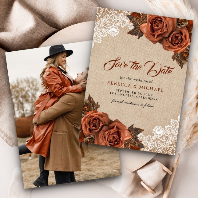 Save The Date Rose Terracotta Poussiéreuse Toile Burlap Rustique (Créateur téléchargé)