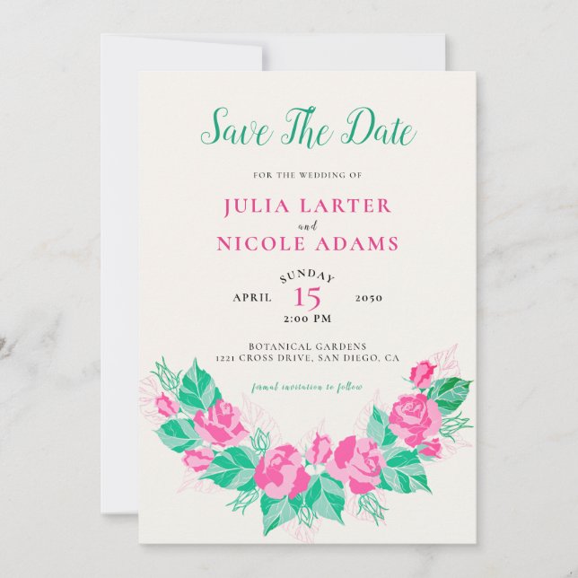 Save The Date Rose Vert Rose Pétales Fleurs Jardin Mariage (Devant)