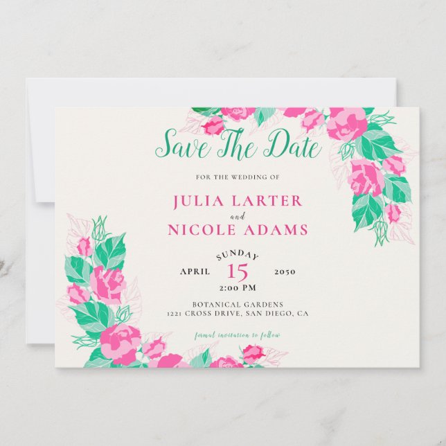 Save The Date Rose Vert Rose Pétales Fleurs Jardin Mariage (Devant)