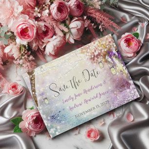 Save The Date Rose violet bleu Fairy Lights Boho Forest Mariage