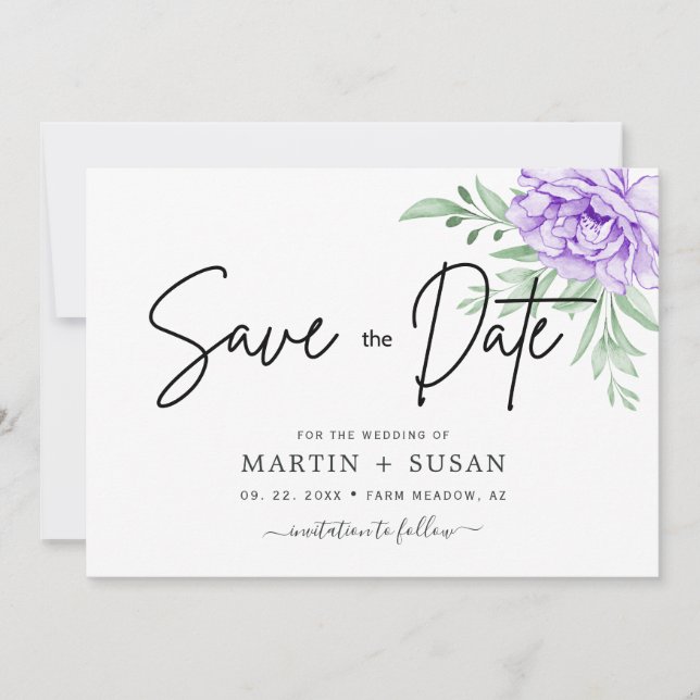 Save The Date Rose violet rustique Floral Eucalyptus Boho Mariag (Devant)