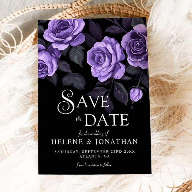 Save The Date Rose violet sombre Moody Floral gothique Mariage (Purple Roses Dark Moody Floral Gothic Wedding Save The Date)