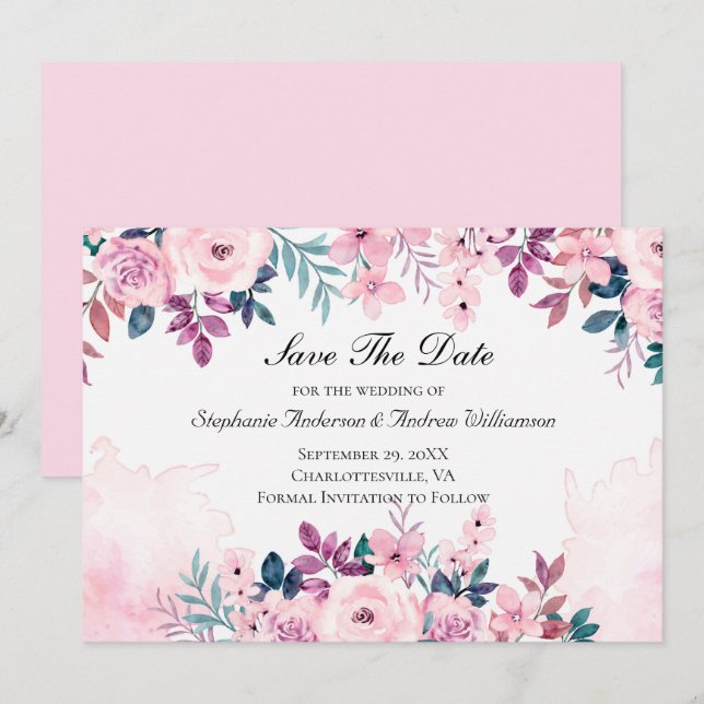 Save The Date Rose Violet Vert Floral Aquarelle Mariage  (Devant / Derrière)