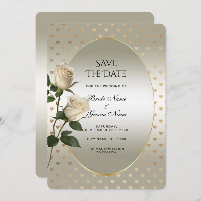 Save The Date Roses Blanches Coeurs Or Enregistrer La Date (Devant / Derrière)