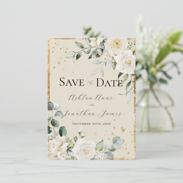 Save The Date Roses blanches Crème doré Élégant Mariage moderne (Debout devant)