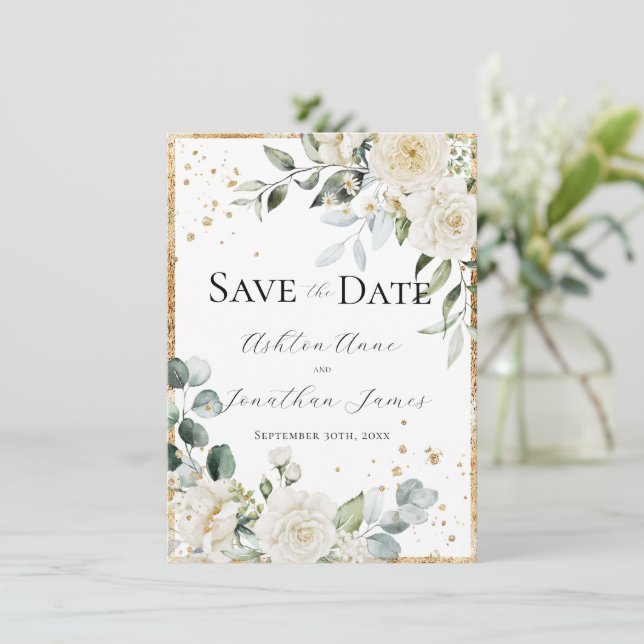 Save The Date Roses blanches élégance moderne mariage or (Debout devant)
