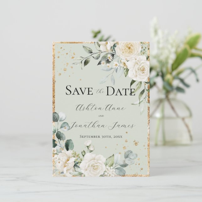 Save The Date Roses blanches élégantes mariage moderne or vert (Debout devant)