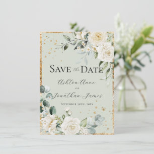 Save The Date Roses blanches élégantes mariage moderne or vert