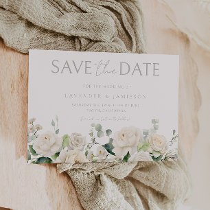 Save The Date Roses blanches et Mariage feuille d'âge