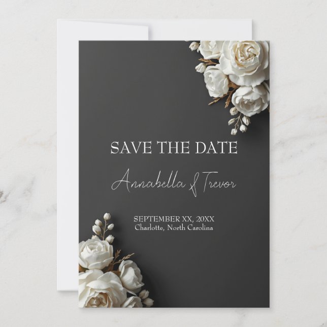 Save The Date Roses blanches et pivoines sur fond de charbon flo (Devant)