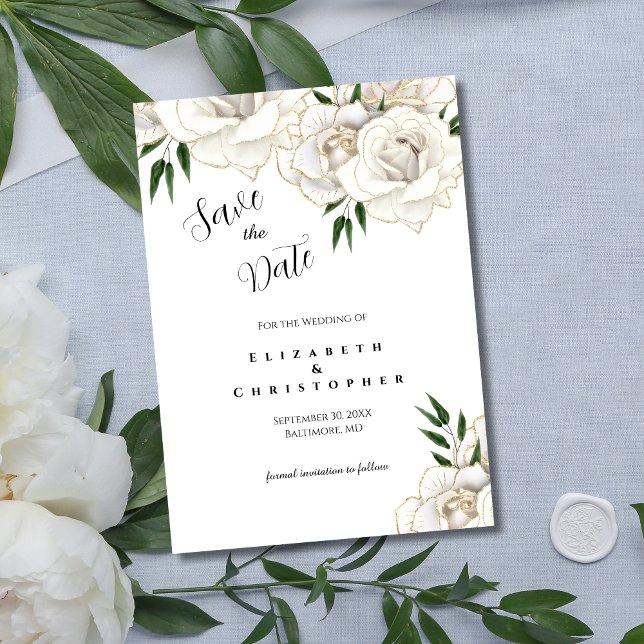 Save The Date Roses blanches garniture or élégant mariage formel (White Rose Gold Trim Elegant Wedding Save the Date Card. Printed or Digital Instant download)