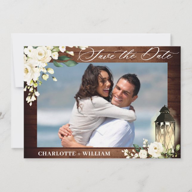 Save The Date Roses blanches Mariage d'aquarelle en bois rustiqu (Devant)