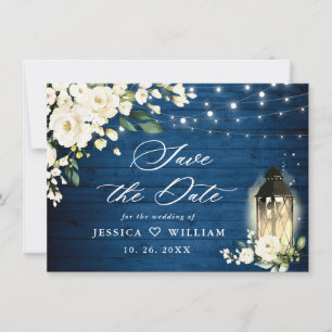 Save The Date Roses blanches Mariage de lanterne en bois bleu
