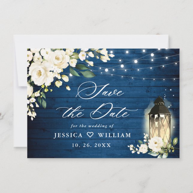 Save The Date Roses blanches Mariage de lanterne en bois bleu (Devant)
