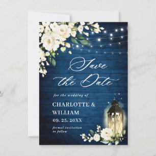 Save The Date Roses blanches Mariage de lanterne en bois bleu