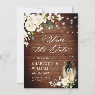 Save The Date Roses blanches Mariage de lanterne en bois rustiqu