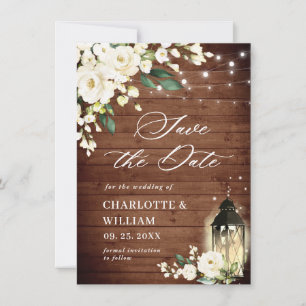 Save The Date Roses blanches Mariage de lanterne en bois rustiqu