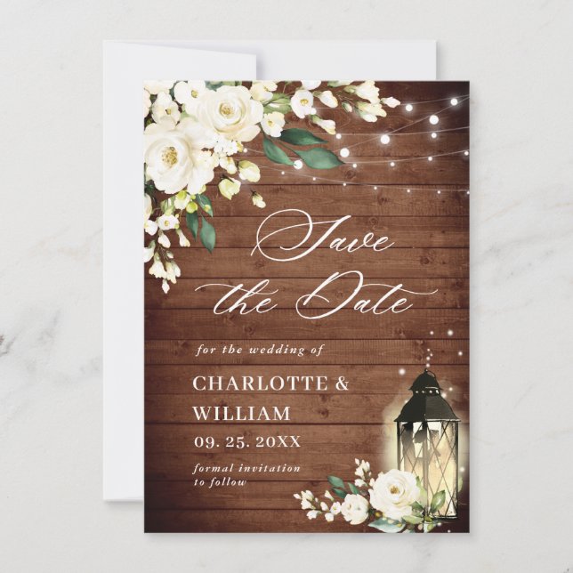 Save The Date Roses blanches Mariage de lanterne en bois rustiqu (Devant)