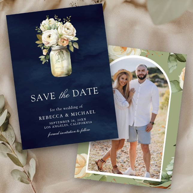 Save The Date Roses blanches Pot Mason Photo Mariage Bleu marine (Créateur téléchargé)