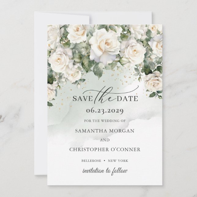 Save The Date Roses blanches romantiques et feuillage verdoyant (Devant)