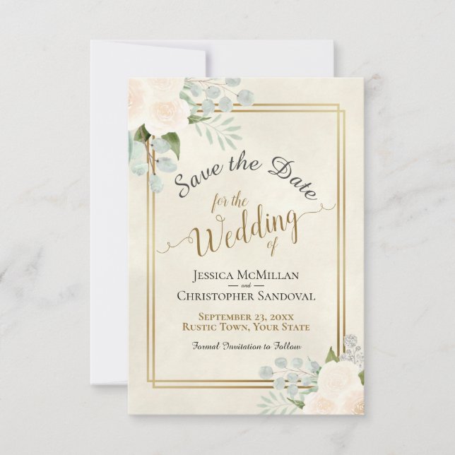 Save The Date Roses blancs ou Pêche et Mariage Eucalyptus Boho (Devant)