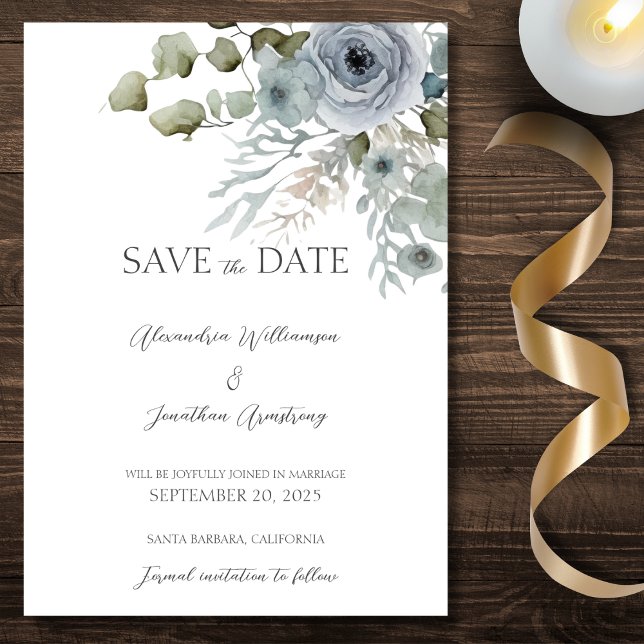 Save The Date Roses Bleu Poussiéreux sur Mariage Blanc (Créateur téléchargé)