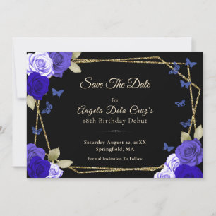Save The Date Roses Bleues Or Noir Élégantes pour les 18 Ans Déb