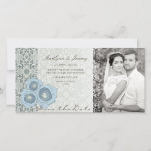 Save The Date Roses Bleus Damask Lace Elegant Chic Mariage Photo