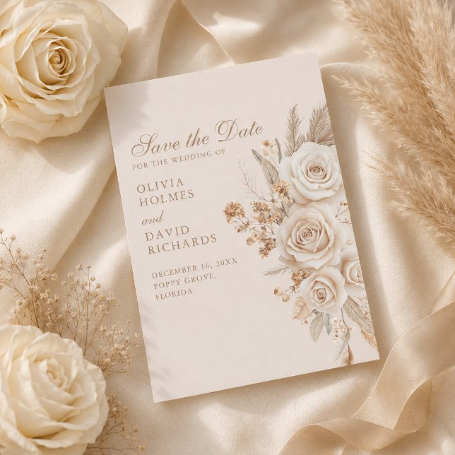 Save The Date Roses d'Ivoire Sauvegarder la Date Neutre (Ivory Roses Neutral Save the Date with ivory roses)
