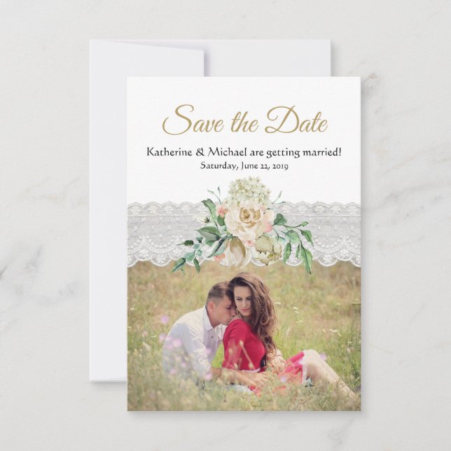 Save The Date Roses d'or blanc traditionnel Mariage de dentelle  (Devant)