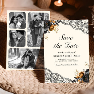 Save The Date Roses en or noir dentelle crème Photo Mariage goth