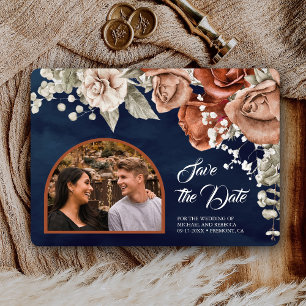 Save The Date Roses en terre cuite orange brûlé Mariage Navy