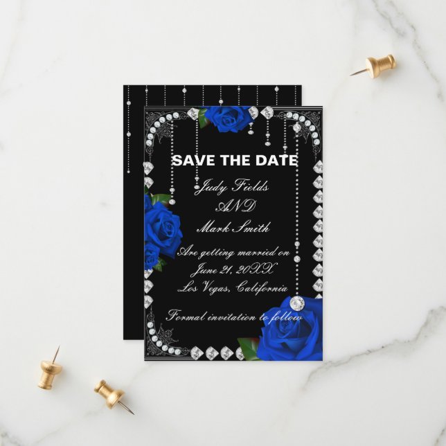 Save The Date Roses Et Diamants Bleus Romantiques Sauvez La Date (Devant/Arrière en situation)