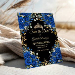 Save The Date Roses Noires et Bleu Royal Quinceañera Dorée