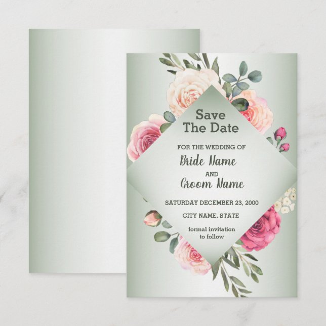 Save The Date Roses pêche rose Géométrique vert rustique (Devant / Derrière)