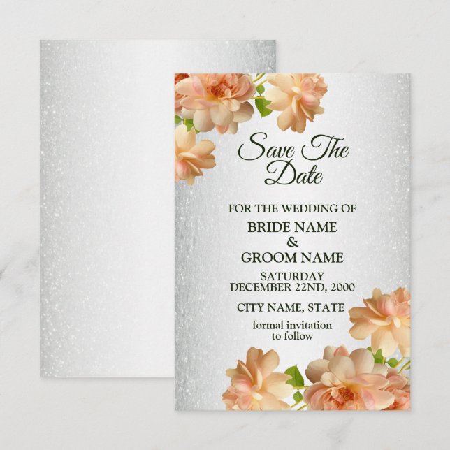 Save The Date Roses Péches Fleur Glitter Argent Élégant Mariage (Devant / Derrière)