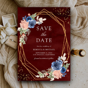 Save The Date Roses Rose Burgundy Fard Bleu de Marine Mariage