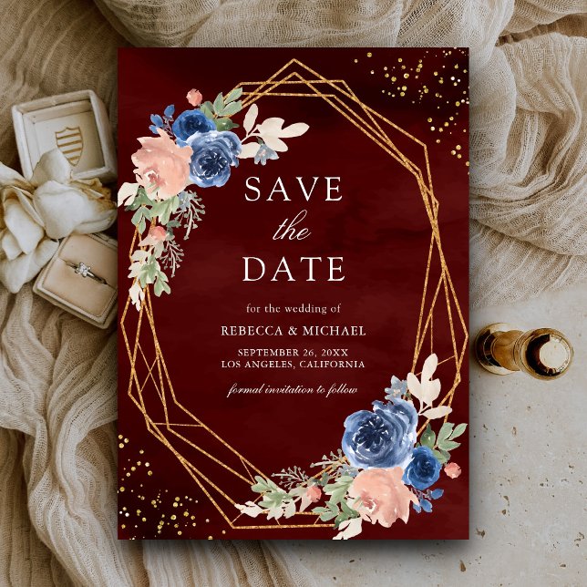 Save The Date Roses Rose Burgundy Fard Bleu de Marine Mariage (Créateur téléchargé)