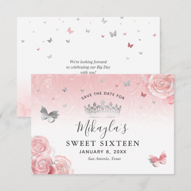 Save The Date Roses Rose Pâle et Argent Élégant (Devant / Derrière)