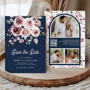 Save The Date Roses Rose Poussiéreux Code QR Photo Mariage Bleu